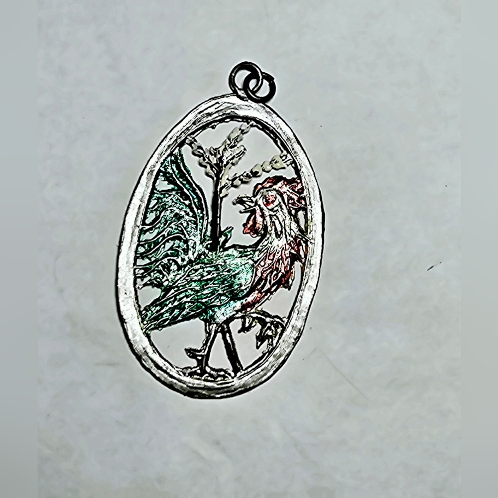 Antique sterling silver malleable handpainted Gaelic rooster pendant for necklac